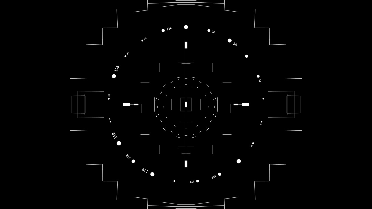 A futuristic symmetrical radar crosshair and compass HUD graphic simulates high-tech target acquisition, aerospace navigation, and defense surveillance systems on a dark background.