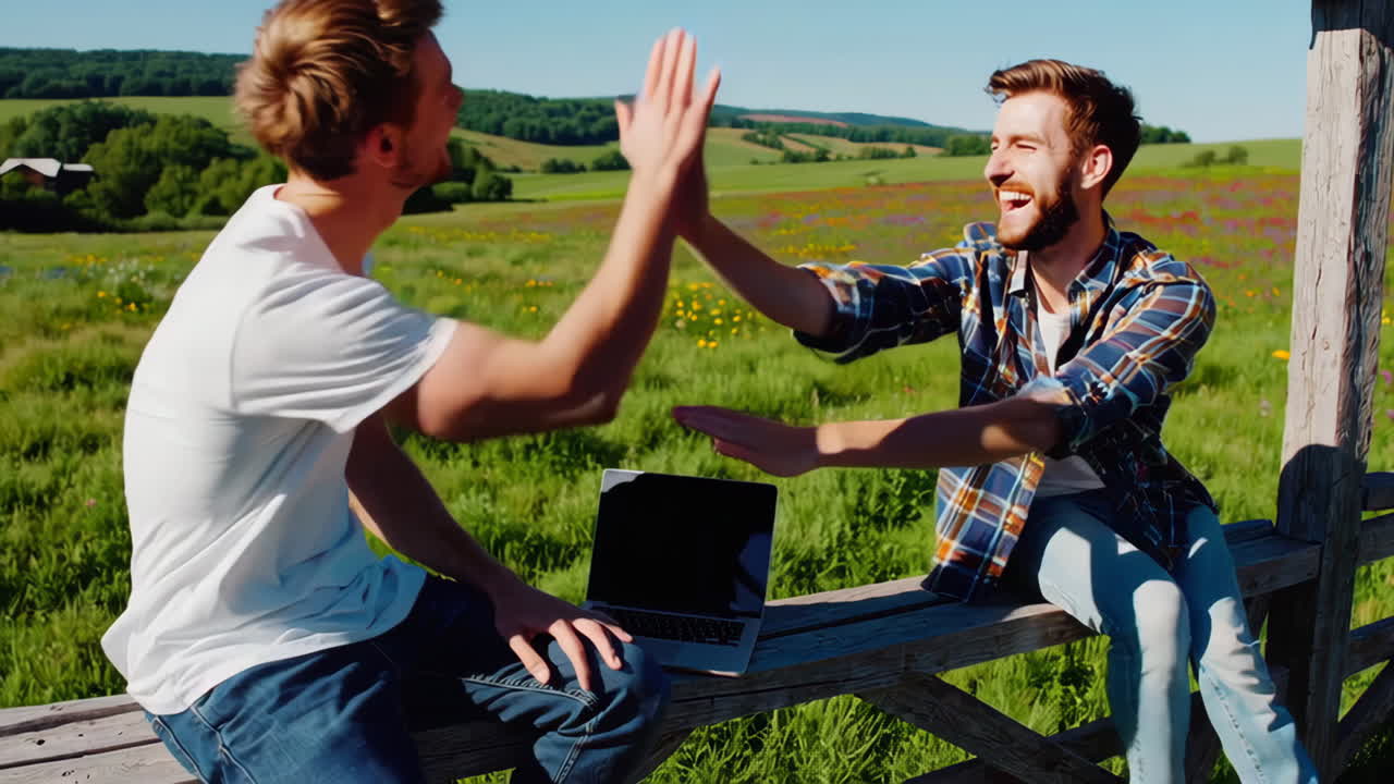 Two friends laughing and interacting outdoors in a sunny field