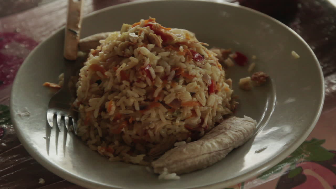 Rice plate and banana in a remote house at the Darien Gap in Colombian Caribbean Coast.