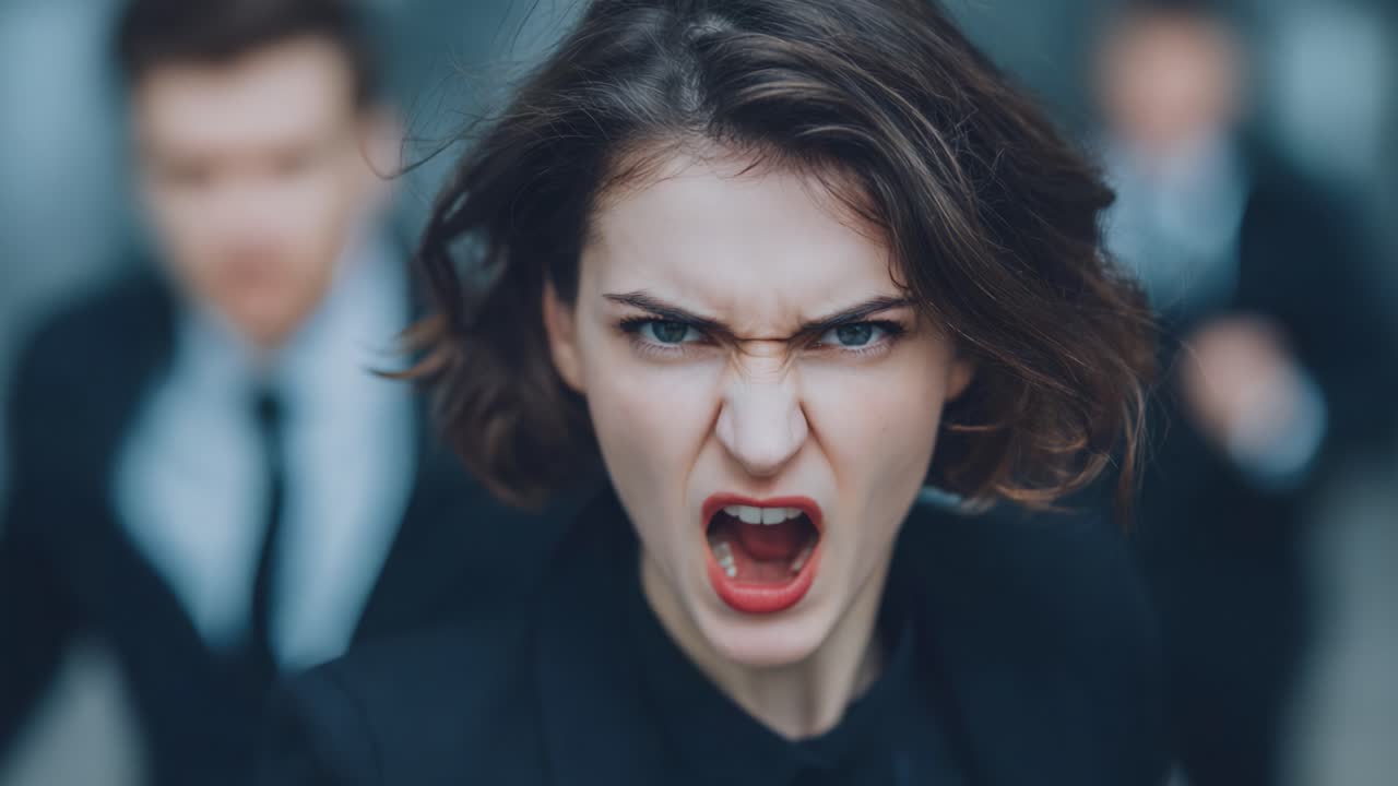 A determined woman unleashes her fierce anger and frustration as she races forward, exuding raw emotion and intensity in a dramatic moment of confrontation