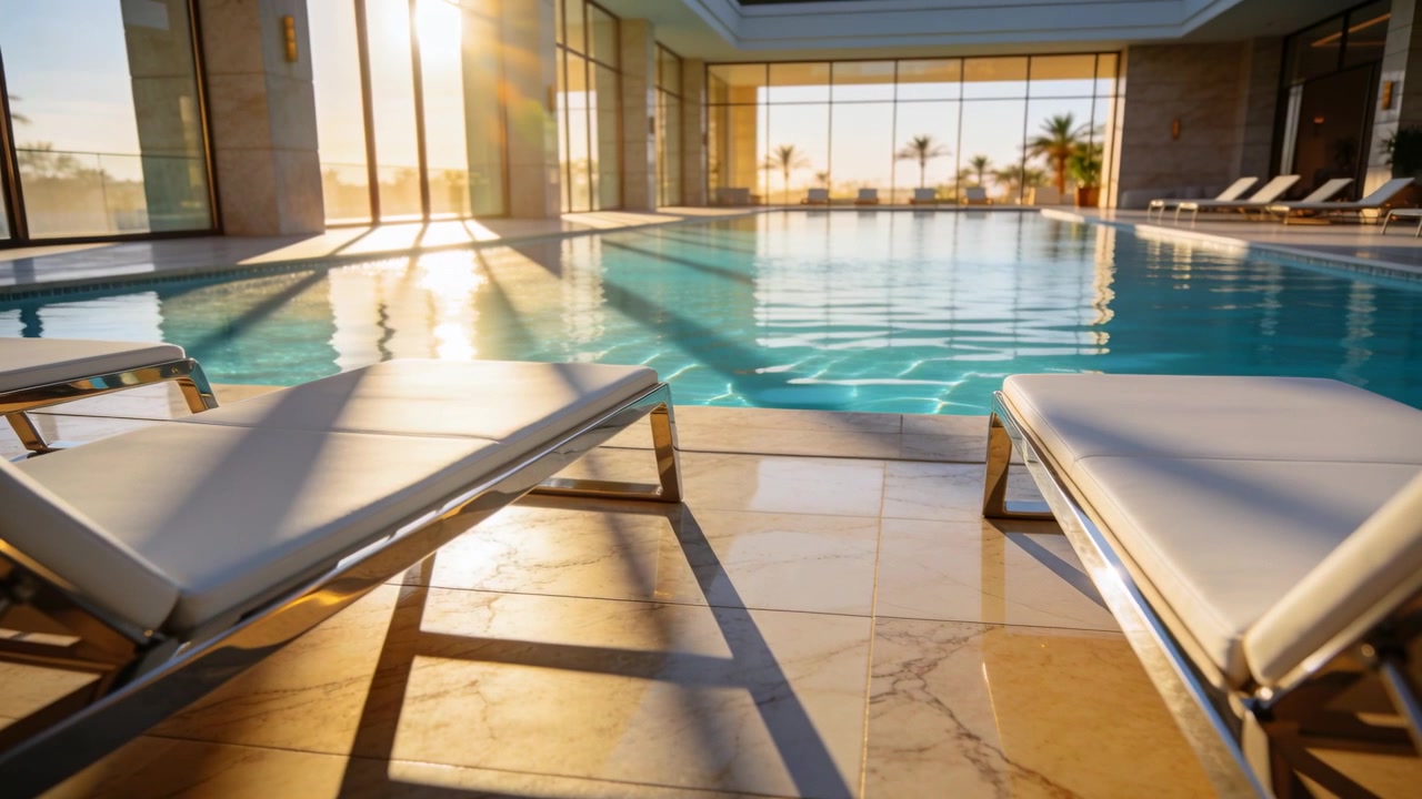 Casting shifting reflections, low sun bathing two padded metal lounge chairs in resort pool hall