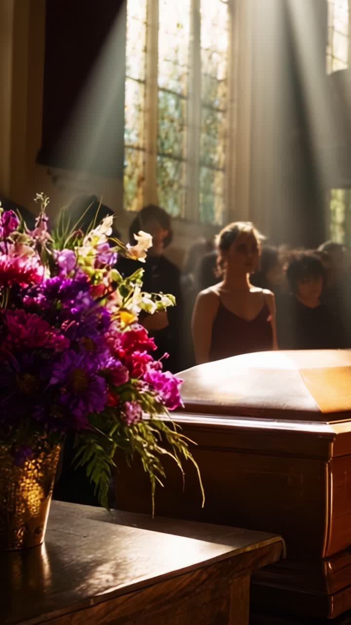 Un addio sereno: una splendida composizione floreale accanto a una bara illuminata da una luce soffusa in un ambiente cupo che riflette momenti emozionanti di commemorazione