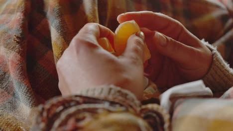 woman eating a tangerine in a close up shot in a warm interior environment with tartan plaid