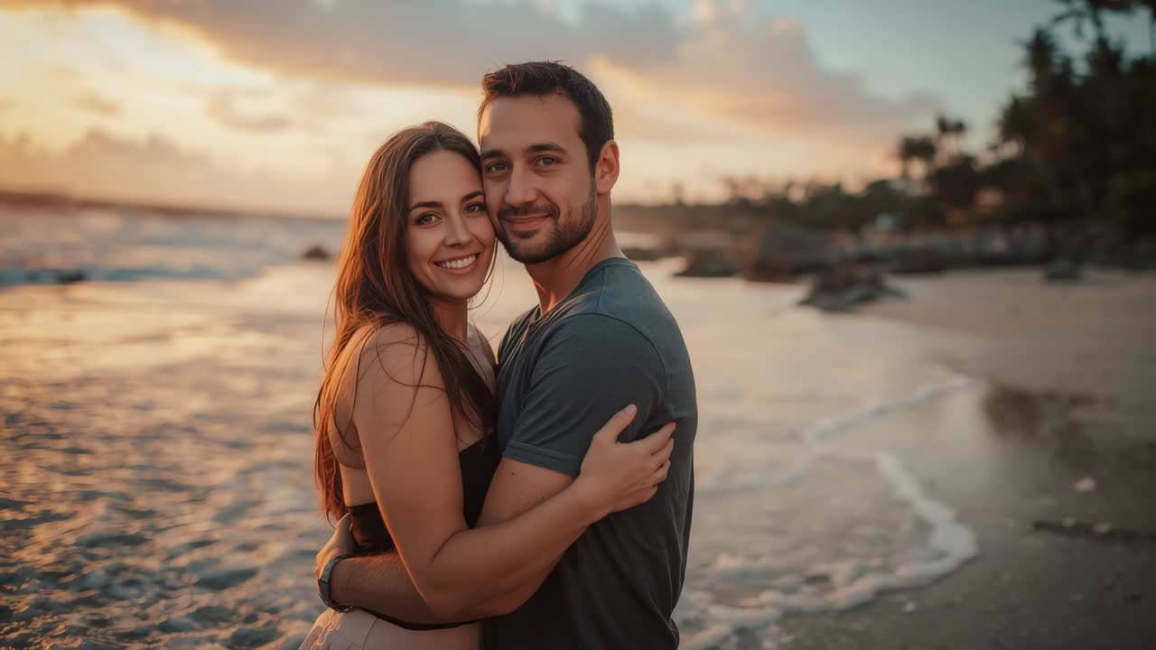 Embracing couple standing at beach at sunset, waves drawing smiles, wearing casual summer clothes