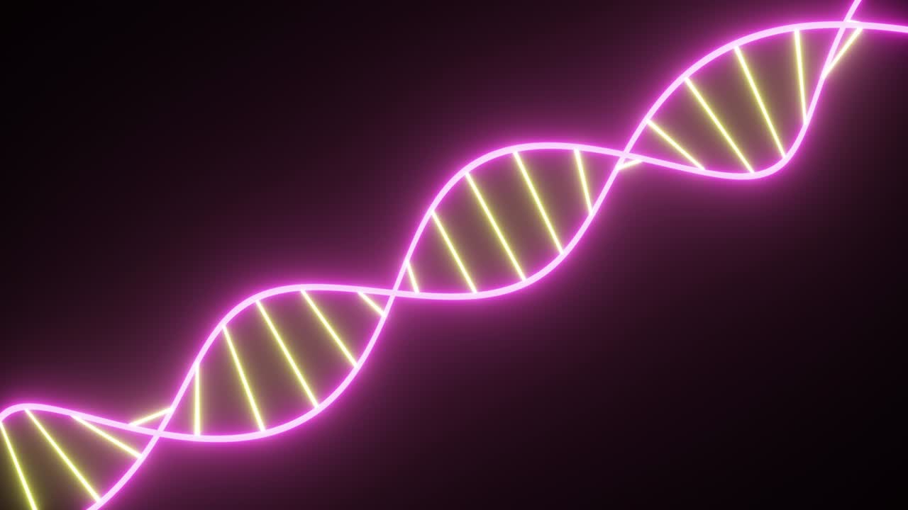 cadena de adn de neón giratorio. luces ultravioletas fluorescentes. estilo de ciencia ficción. espectro de luz púrpura amarillo de neón moderno. animación de bucle sin costuras de renderizado 3d 4k uhd
