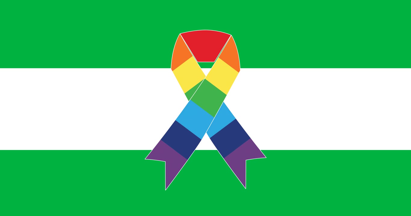 Digital animation of rainbow ribbon icon over a white stripe against black background