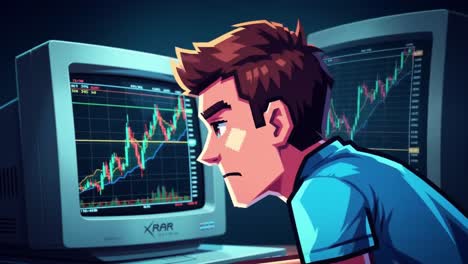 a young man stares nervously at a computer screen displaying fluctuating market graphs. his focus intensifies as he tracks stock movements during a live trading session.