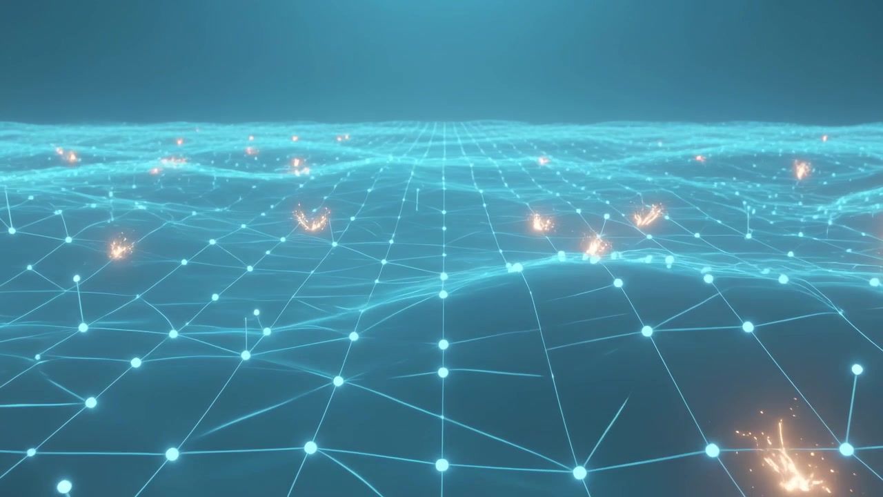 Flowing turquoise grid waving in virtual scene as camera moving, orange sparks showing data