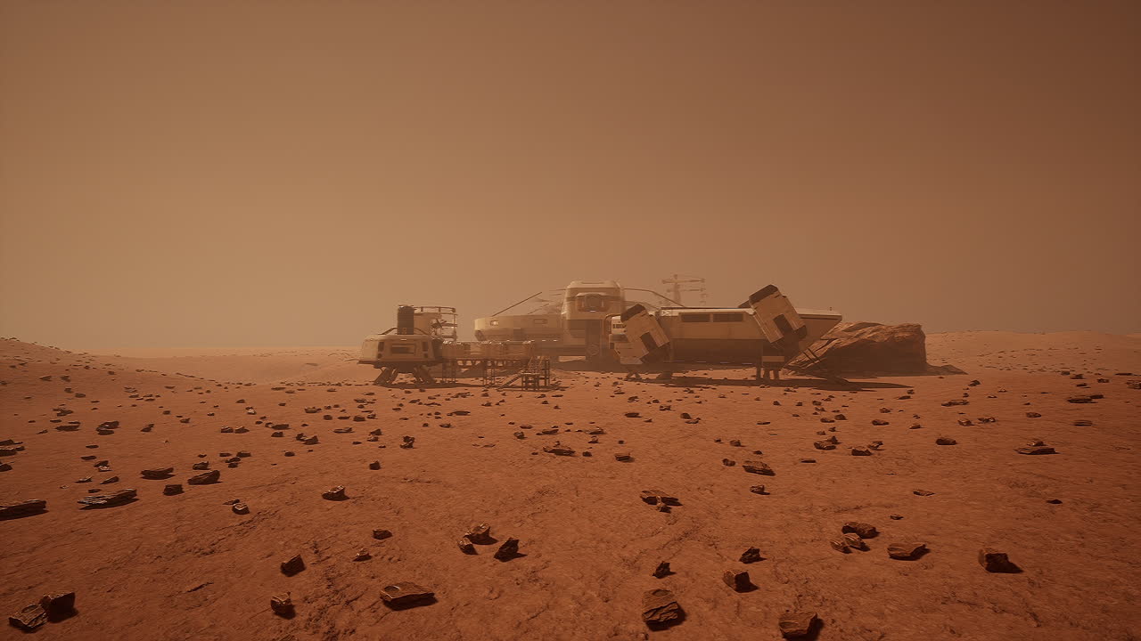 Mars-siirtokunnan asutus pölyisessä maisemassa, punertavan taivaan alla.