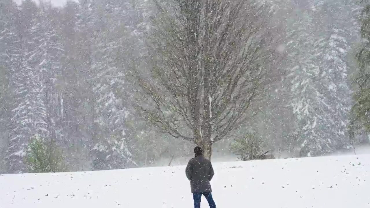 吹雪の中、森に立つ男性