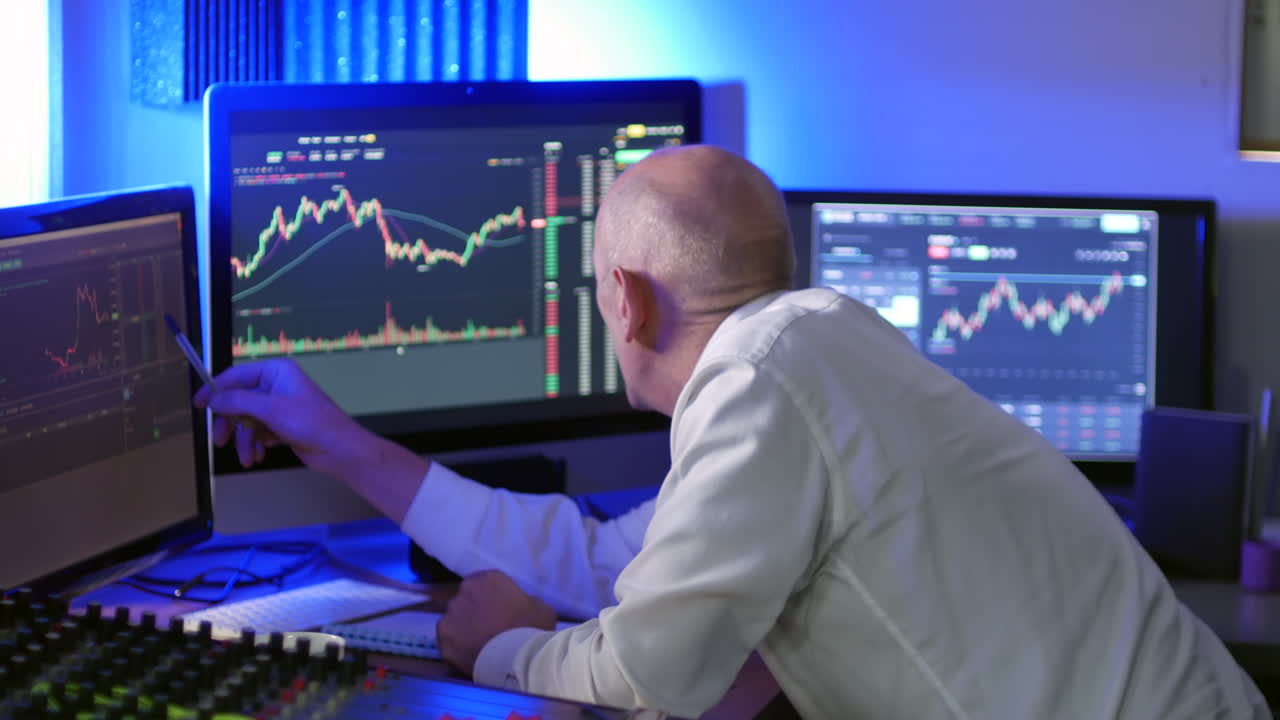 Happy stock trader winds money by trading Forex and cryptocurrency