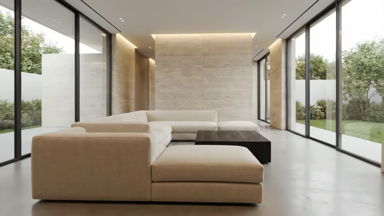 Luxury Modern Home Interior with Minimalist Sofa and Garden Views