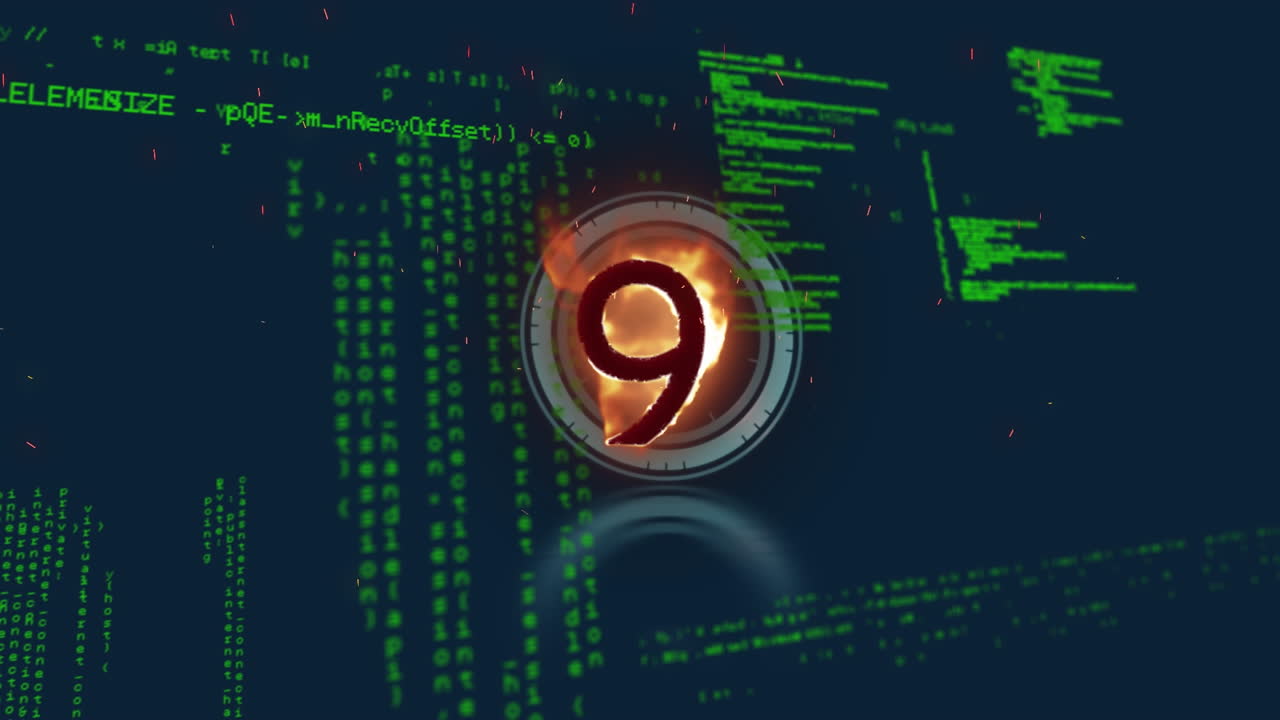 animación del número 9 y reloj sobre el procesamiento de datos en fondo negro