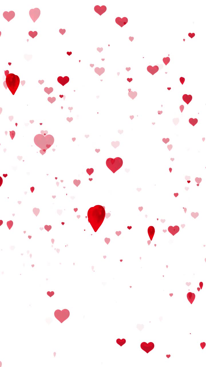 Particelle di cuori rossi fluttuanti su sfondo bianco per animazioni romantiche d'amore, cuori rossi e rosa tenui