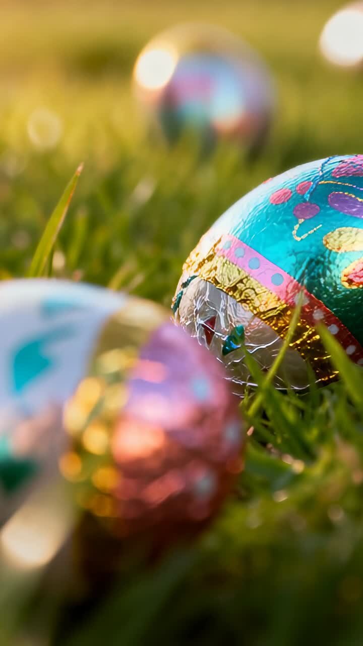 Colorful Foil-Wrapped Easter Eggs Lying in Green Grass with Sunlight