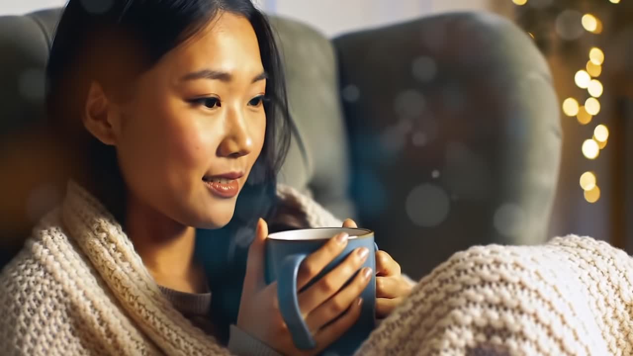 Cozy Evening Moments: A Woman Enjoys a Warm Drink While Wrapped in a Blanket, Surrounded by Soft Light and a Relaxing Atmosphere