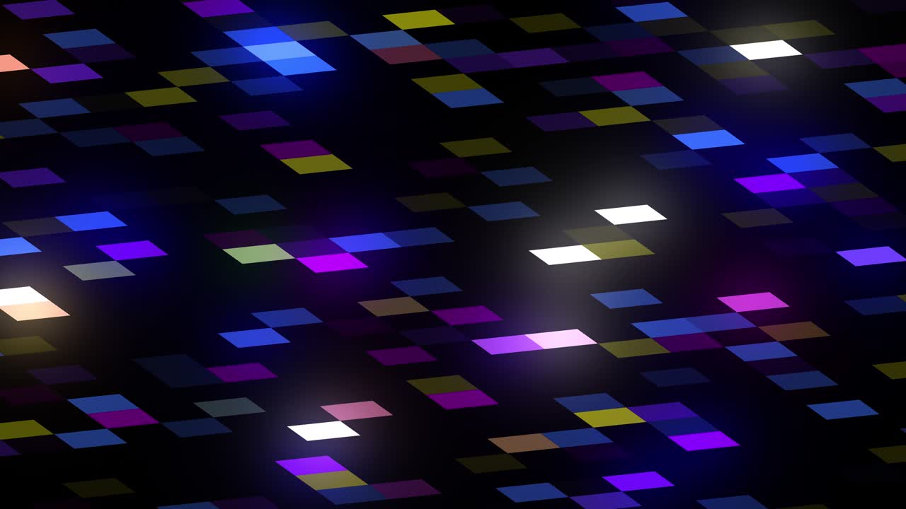 Abstract animated motion background. Glowing colorful neon led display lights. looped animation for wallpaper, screensaver, presentation, banner. Party music club. Mosaic pixelated squares pattern