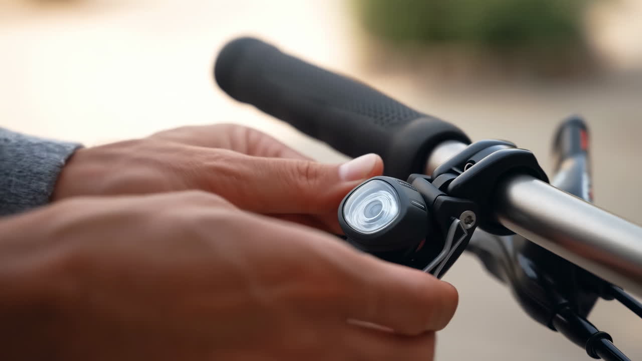 Primo piano di mani che attaccano una luce al manubrio di una bicicletta