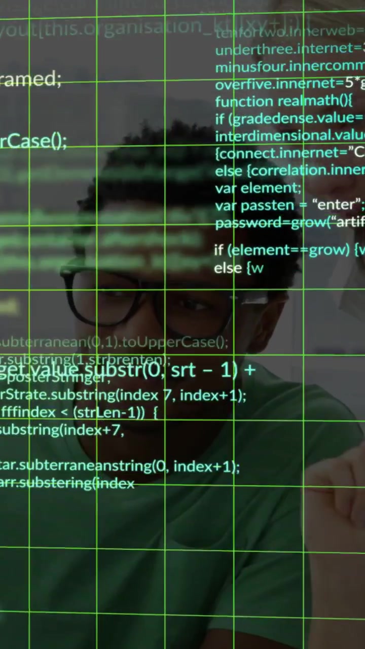 Vertical video: Woman leaning pointing pen causing green code grid as man with specs checking code