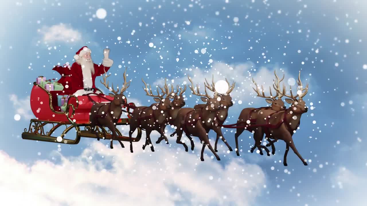animación de nieve cayendo sobre la navidad santa claus en trineo con renos