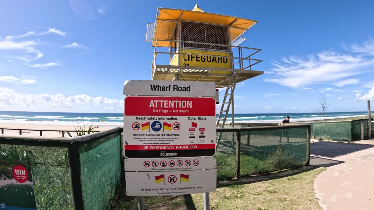 Lifeguard tower with beach warning sign