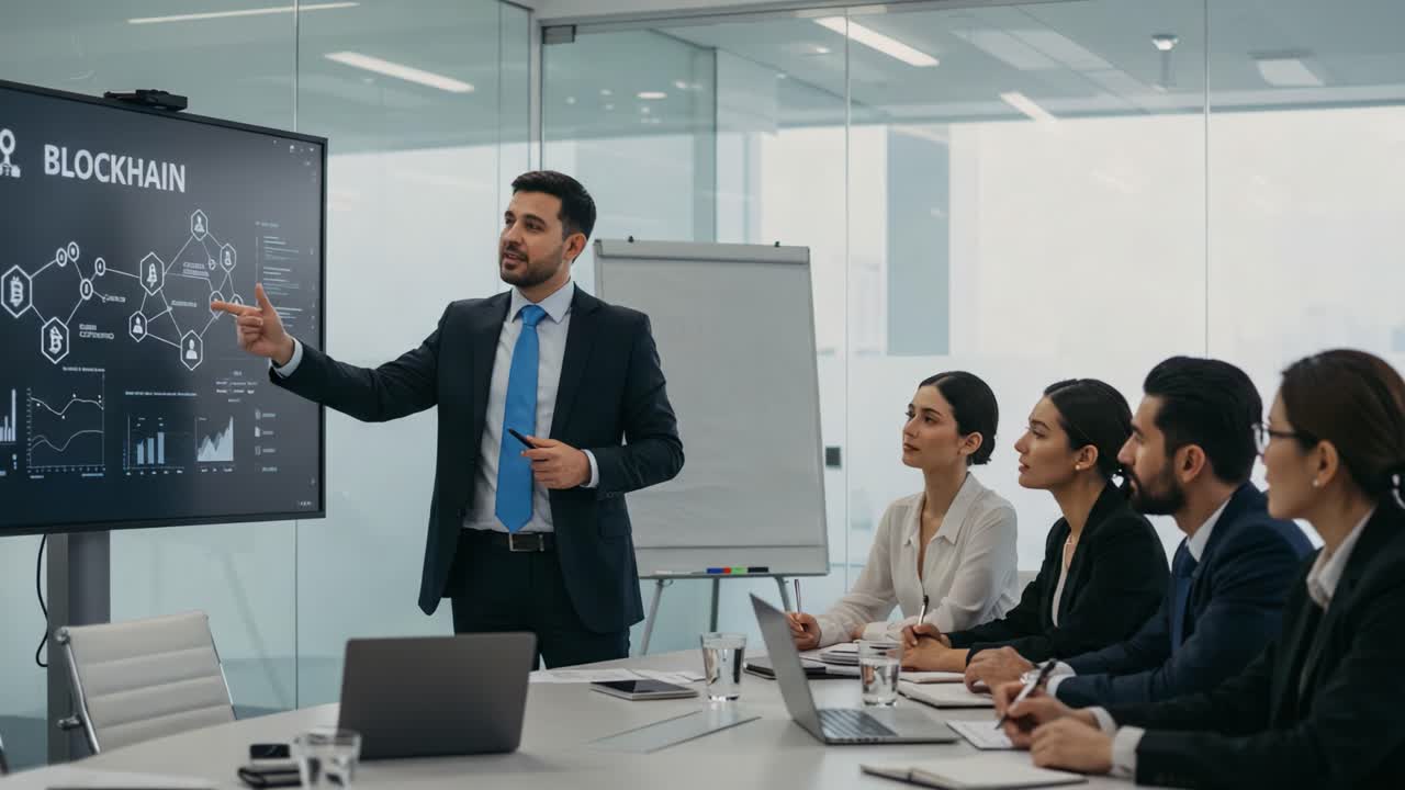 A Business Meeting on Blockchain Technology: Engaging Presentation and Discussion Among Professionals in a Modern Conference Room Setting