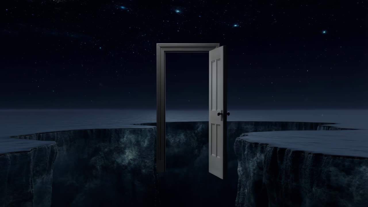 Open Door Over a Chasm Under a Starry Night Sky