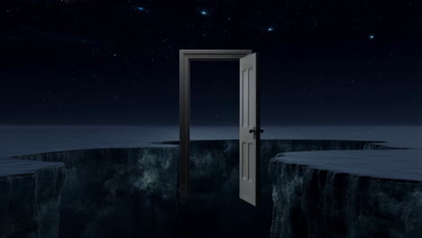 open door over a chasm under a starry night sky