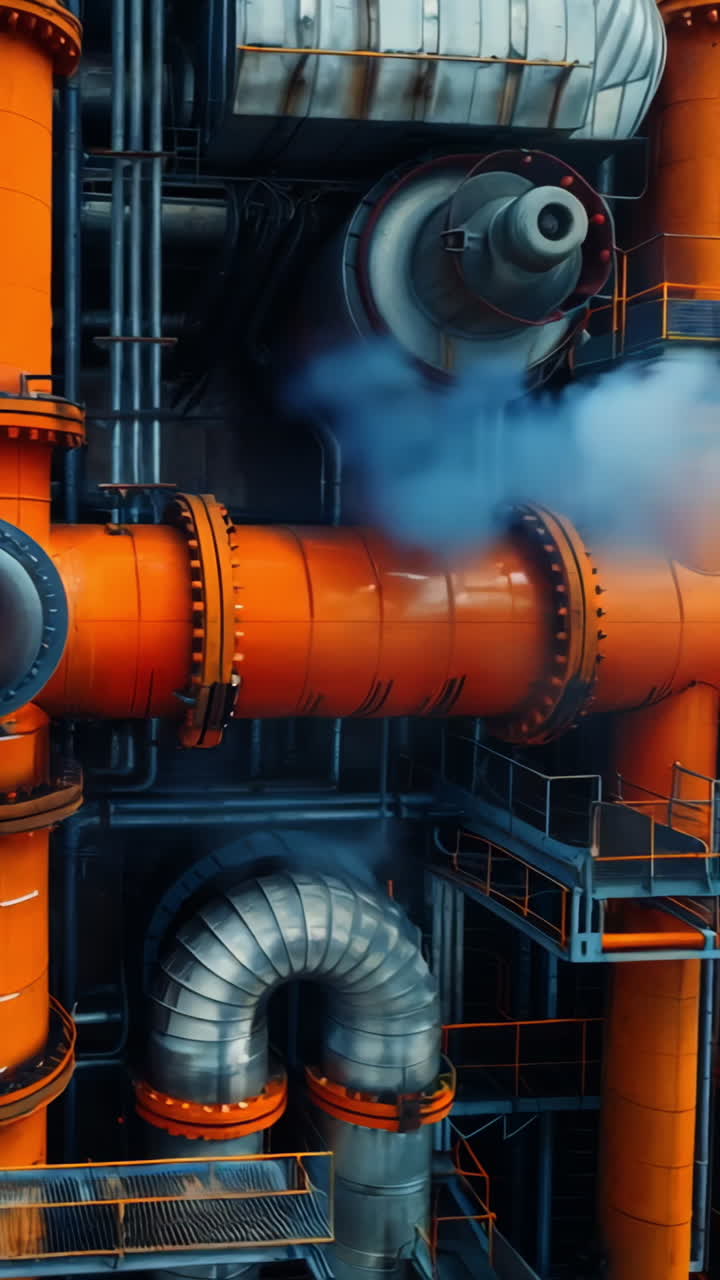 A close up of a large orange pipe with many other pipes branching off of it. Concept of complexity and organization, as the pipes are all connected and interwoven