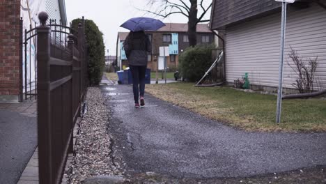 Aufsteigender-Schuss-Einer-Jungen-Frau,-Die-An-Einem-Regnerischen-Tag-Mit-Einem-Regenschirm-Vorbeigeht