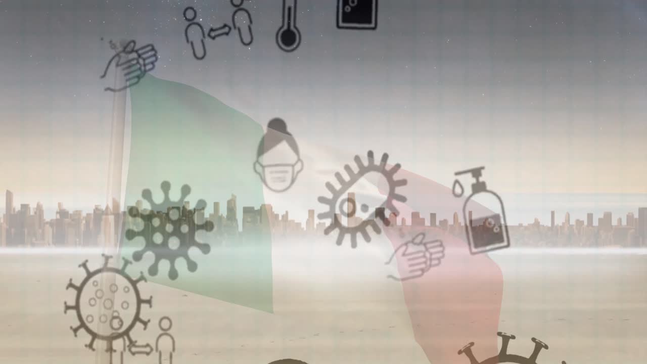 animación de los iconos del virus de la corona y la bandera de francia sobre el paisaje urbano