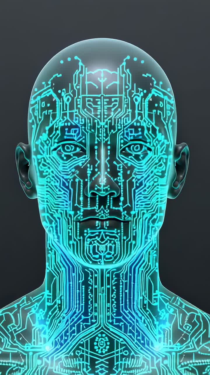 Vertical video: Illuminating bust on startup glowing neon-blue circuits in gray space with nodes