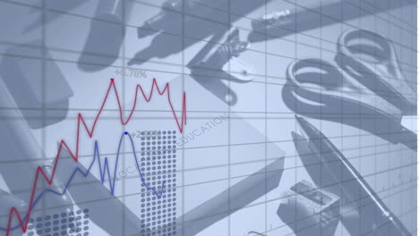 animation of financial data processing over office items on desk