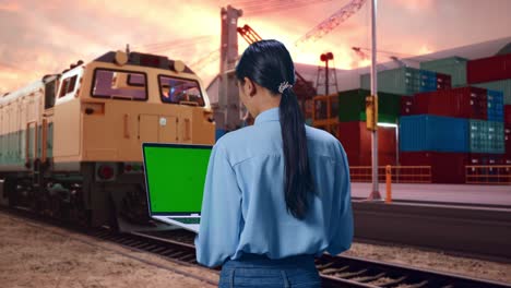 back view of asian female with freight cargo train at port, typing on laptop's keyboard with green screen and look at containers