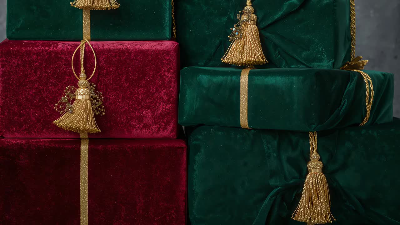 Shifting camera revealing stacked velvet boxes in studio highlighting gold tassels and magenta box