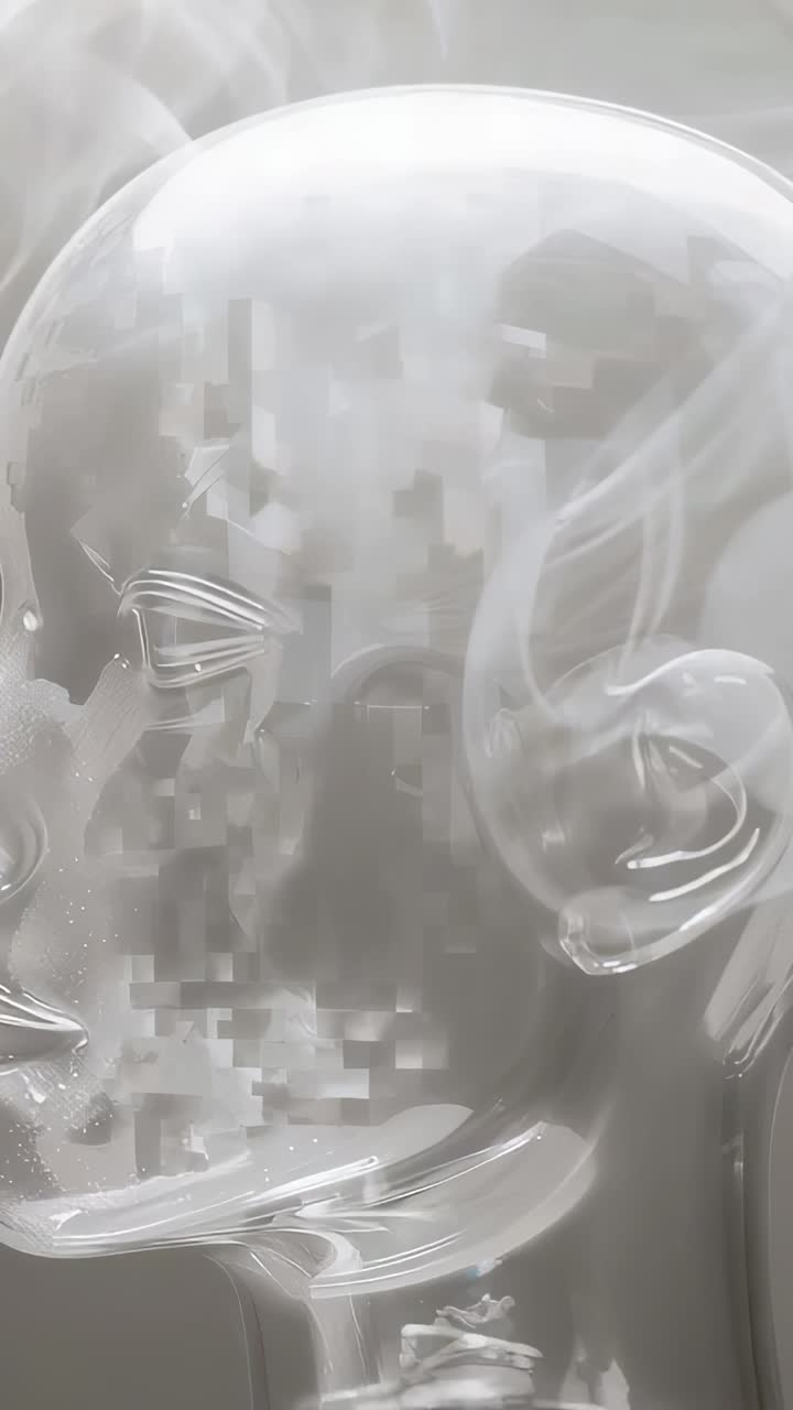 Vertical video: Rising cyan light causing clear bust resolving pixels into teal beads in studio