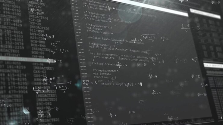 Kamera panorerer, skjerm glir inn og avslører kode med flytende matematikk som fremhever formler for utviklere.