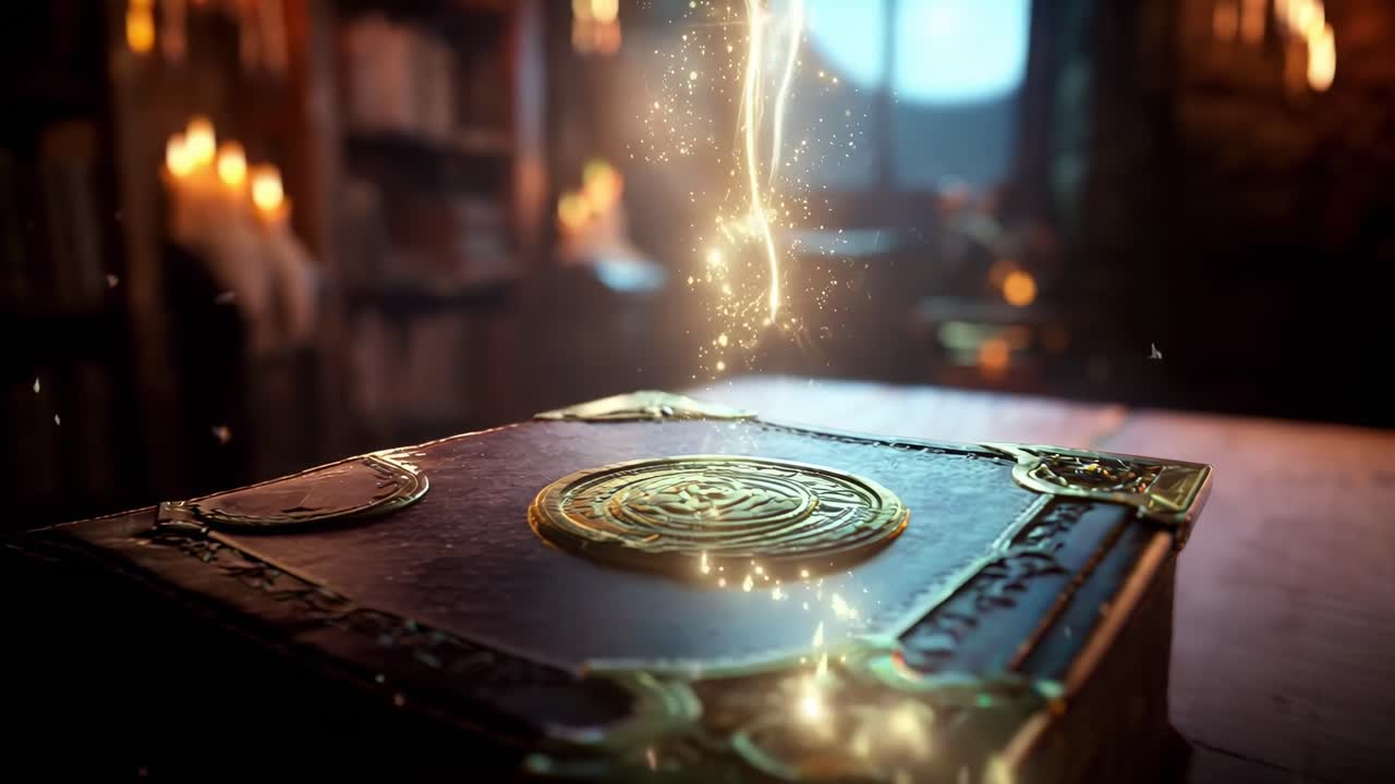 Buku ajaib di atas meja kayu, pengambilan gambar sudut rendah, pencahayaan hangat, suasana video fantasi
