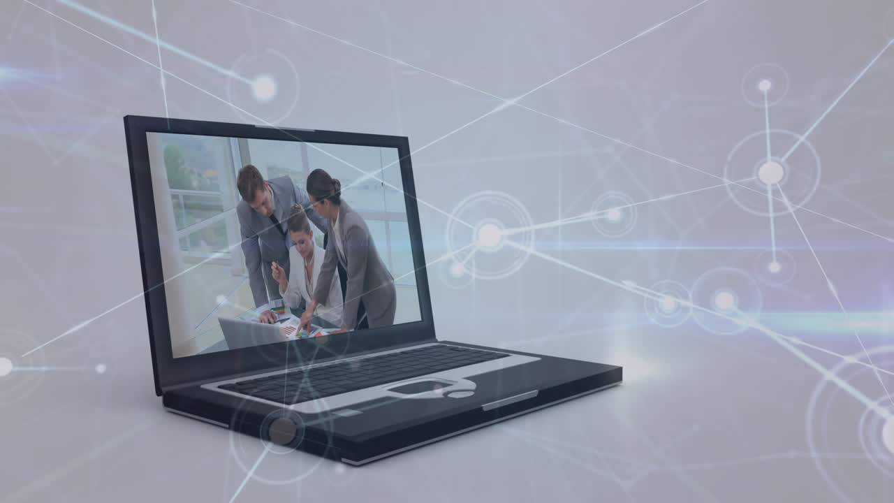 Animation of dots connected with lines over businesspeople in laptop discussing reports in office