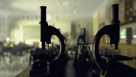 Close up of microscopes in a school classroom during a science lesson