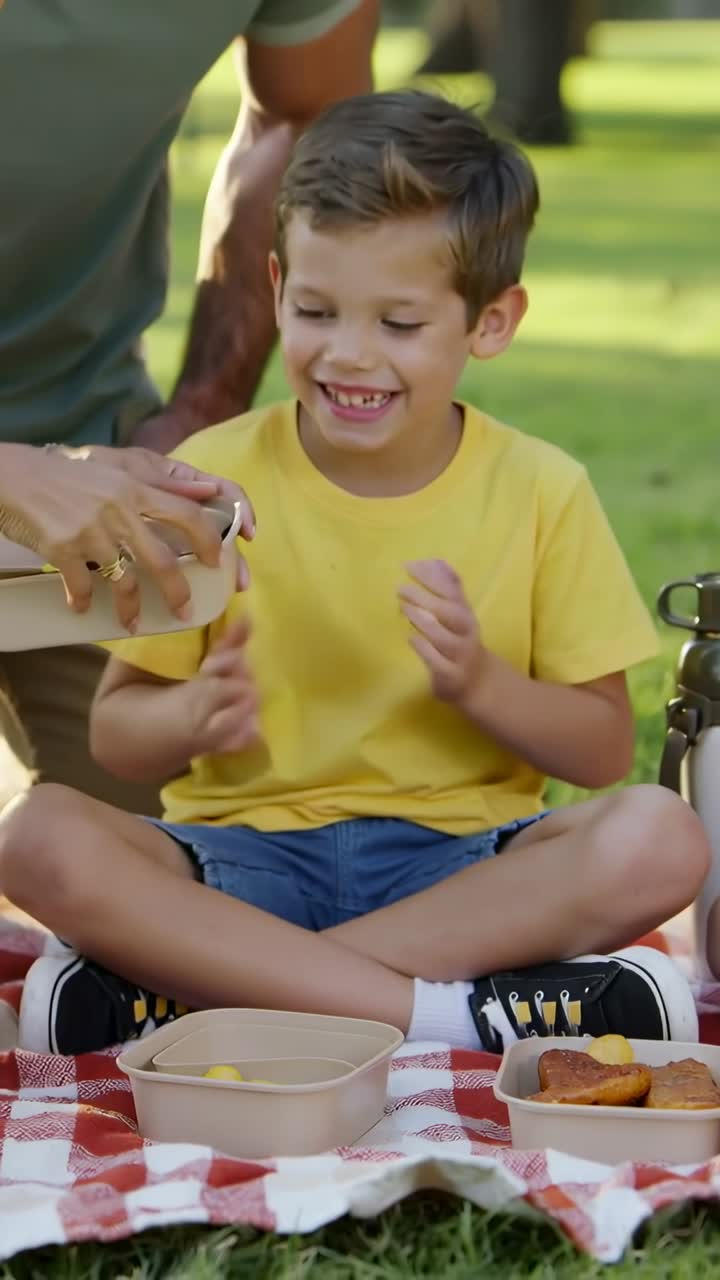 Vertical video: Boy noticing snack, clapping in park, father offering bowls, daughter pointing