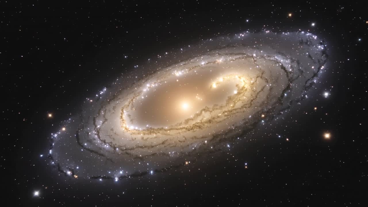深宇宙で、カメラのドリフトにより移動しながら回転する巨大な棒渦巻銀河が、双子のバルジを示している。