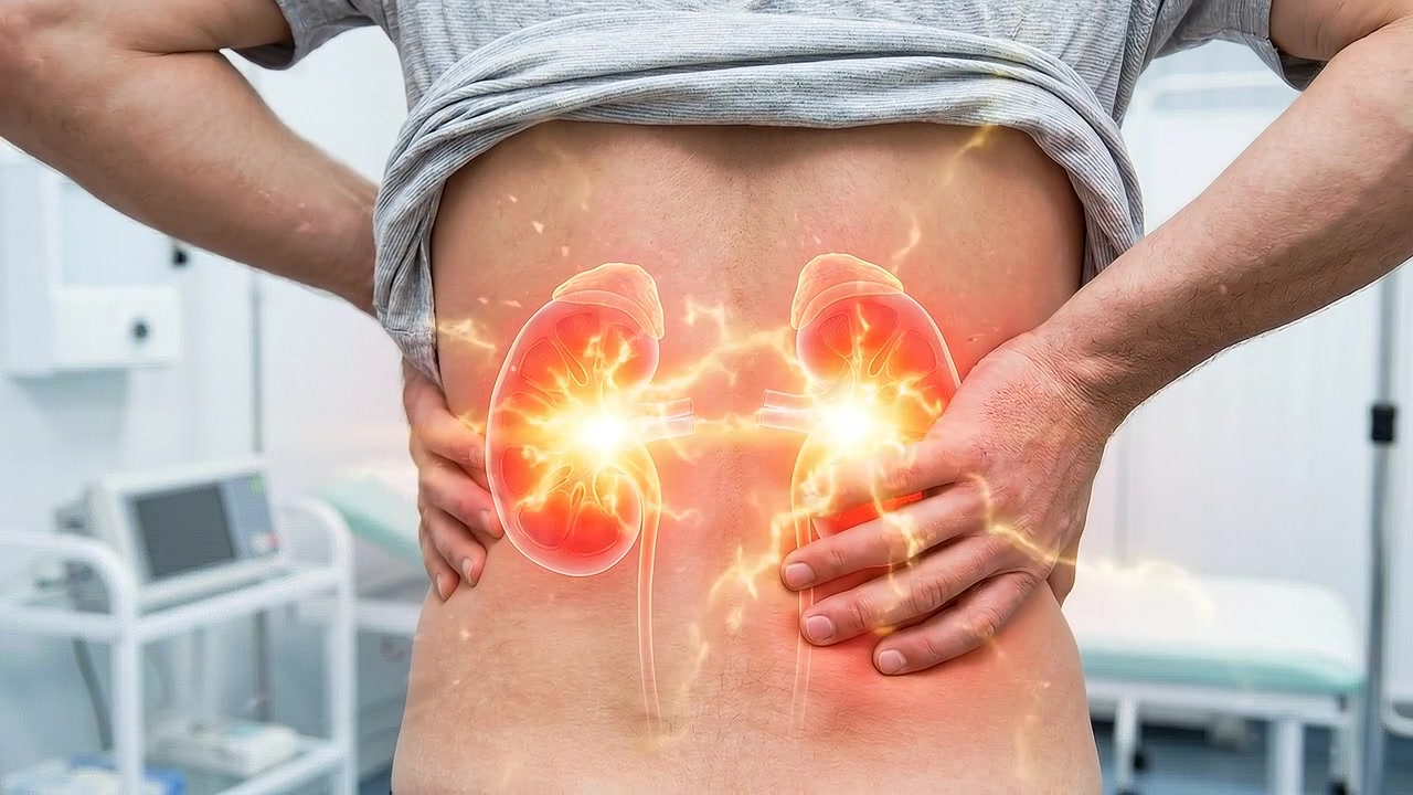 Man Suffering From Kidney Pain With Animated Anatomy Overlay