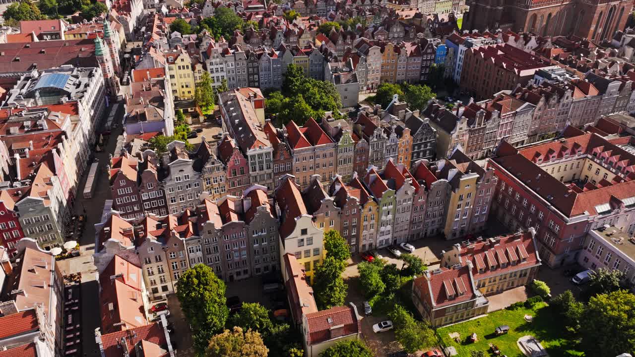 Drone shot of Gdansk Gdańsk Old Town with colorful houses rooftops and streets