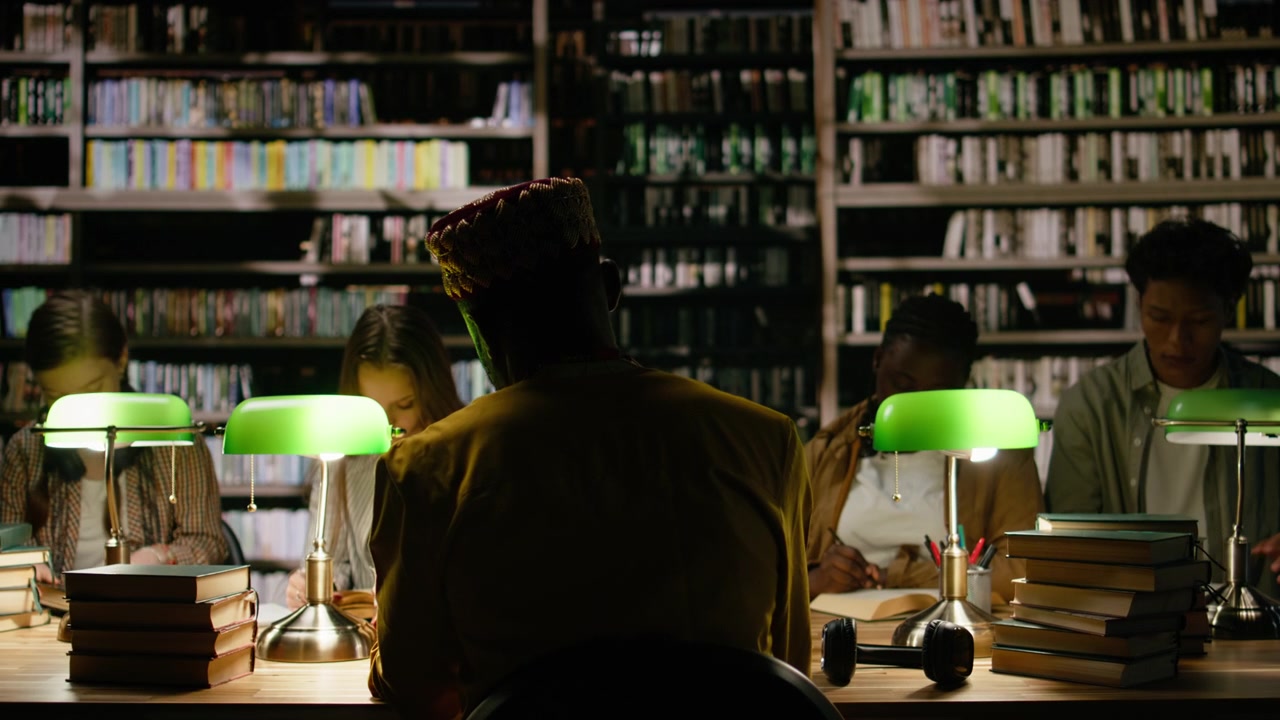 Back view of adult learner in traditional clothes at dark library table