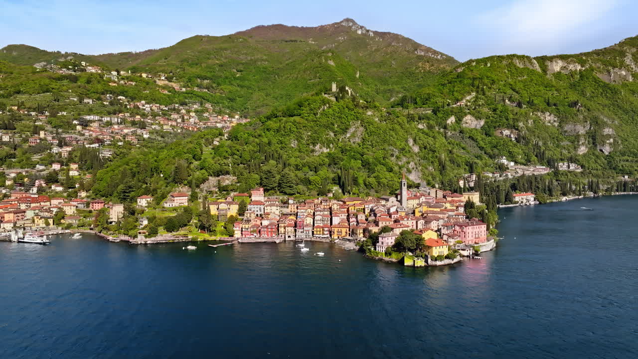 Aerial drone view of Varenna village near Lake Como, Italy
