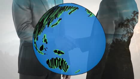 animación del globo sobre el apretón de manos del hombre de negocios