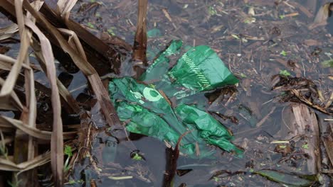 polythene bag on surface of pond. uk