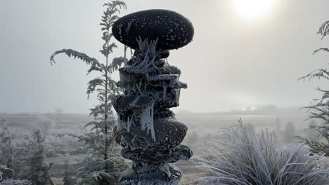 Stacked-up-rock-sculpture-covered-in-cobwebs-and-hoar-frost