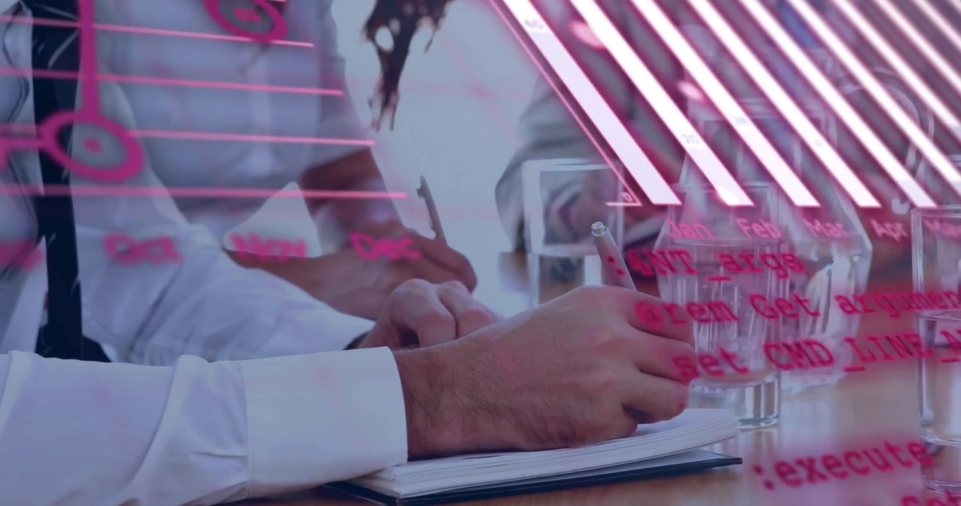 Overlay animation starting, leftmost hands taking meeting notes while pink graphics drifting